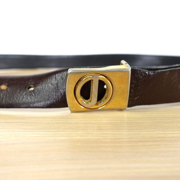 VINTAGE Belt Mens‎ Size 44 Brown Leather J Logo Gold Buckle XL Genuine 80s 90s - Picture 1 of 15